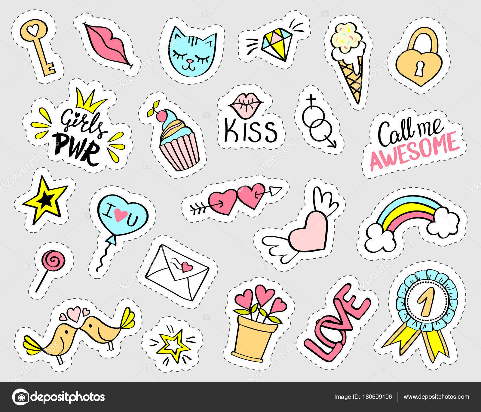 Fashion girly stickers set. Collection of hand drawn fancy doodle pins,  badges. Vector trendy illustration. Stock Vector by ©shotina 180609106